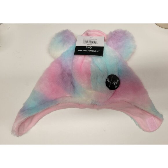 NWT 12-24 mo Hat & Mitten Set, Fluffy Fuzzy Rainbow Laura Ashley New - Picture 3 of 12
